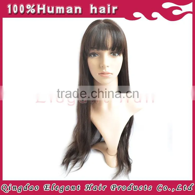 AAAAA Grade Natural Hair Line Peruvian Remy Full Lace Silky Straight Human Hair Wig with bang