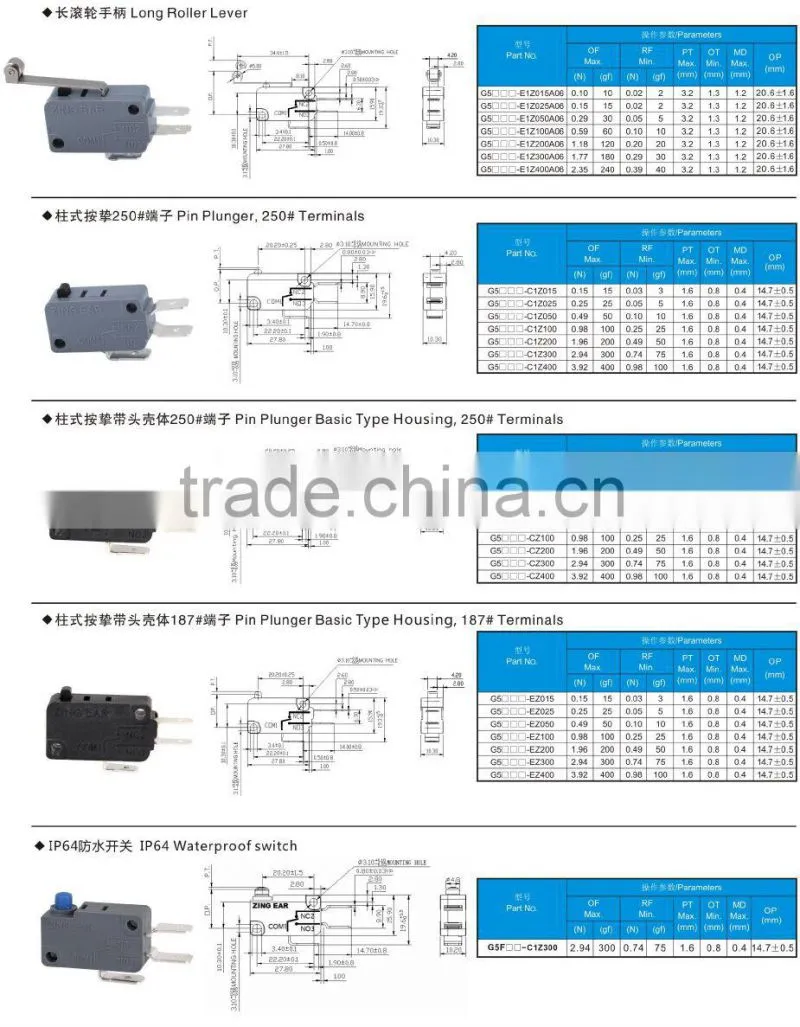 2015 Push button micro switch, 16 125v micro switches, zing ear