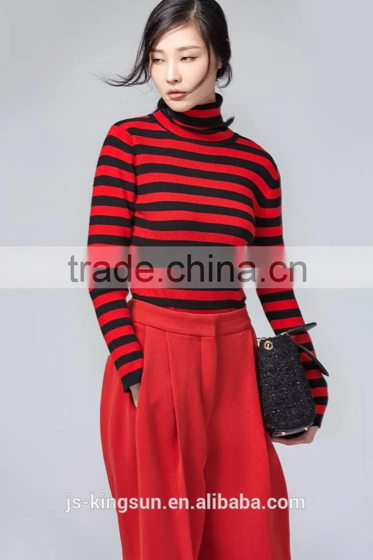 JS--11016B have three colors in-stock turtle neck striped women knit sweater