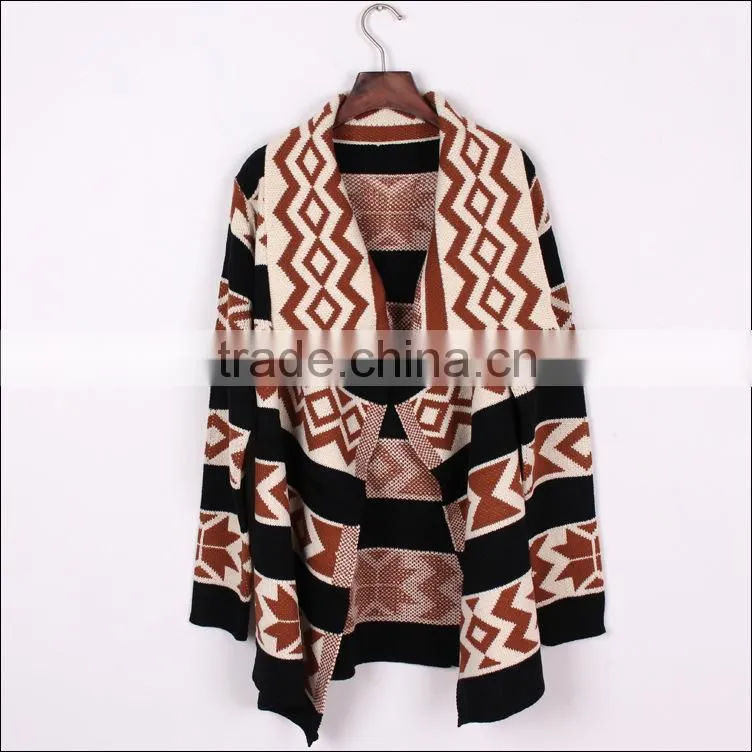 2014 the most latest high quality Glamorous European and American show cardigan geometric pattern jacquard long cape coat