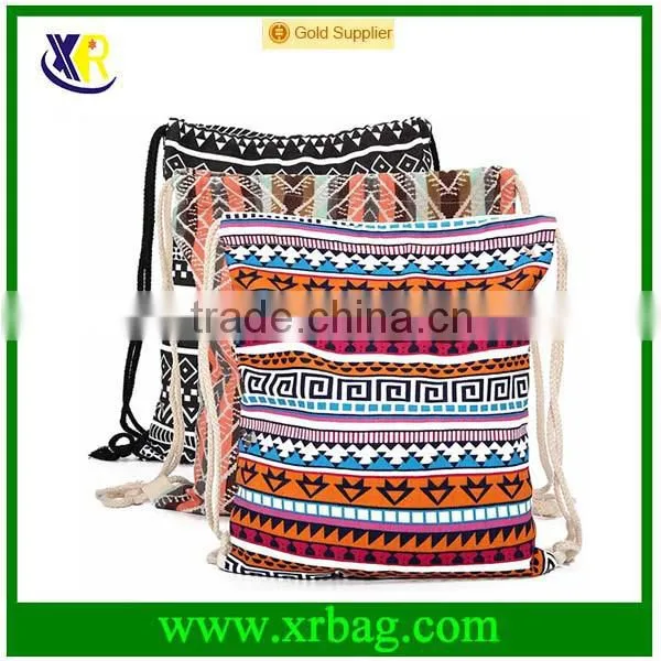 Custom fashion style pattern cotton canvas drawstring backpack bag