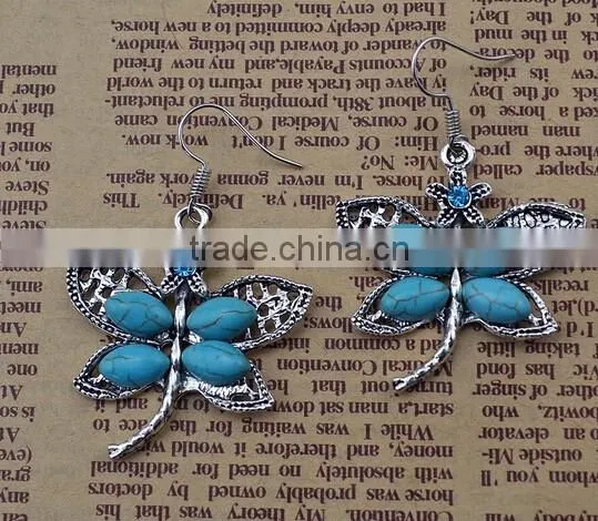 Bohemian Vintage Silver Plated Crystal Butterfly Pendant Turquoise Earrings