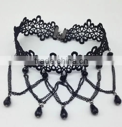 Women Gothic Black Beads Drop Lace Choker Collar Retro Chain Tassel Necklace