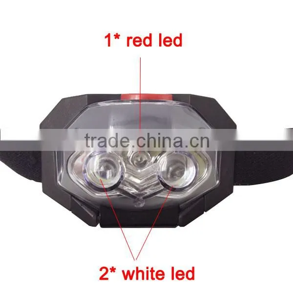 T03 1red led + 2 LED Plastic Headlamp Traillight Camping light head torch 3*AAA Battery support Light