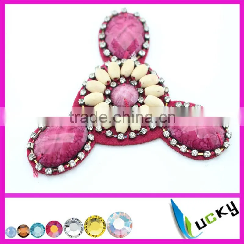 2014 New Design 100% handmade lace rhinestone applique with wooden beads crystal strass for clothes wedding shoe decoration