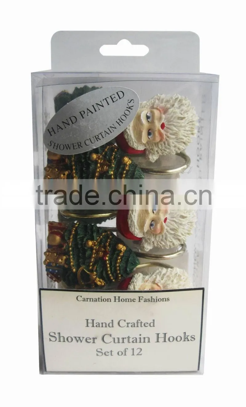 Christmas series shower curtain&12pcs decorative resin hooks set