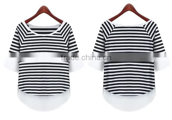 Summer simple latest fashion women Black and white striped lady shirt chiffon fabric chiffon blouse