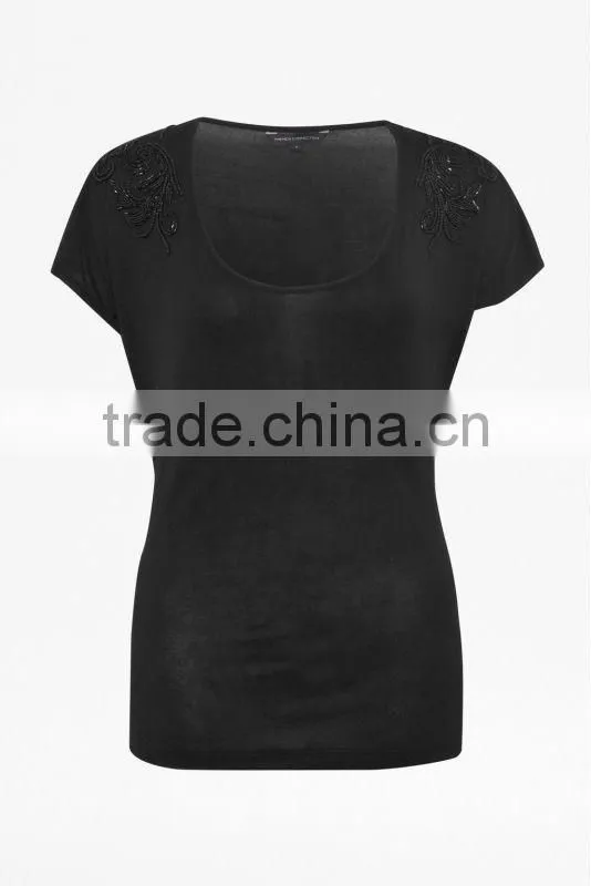 Beading Embellished Rayon Knit Jersey Top