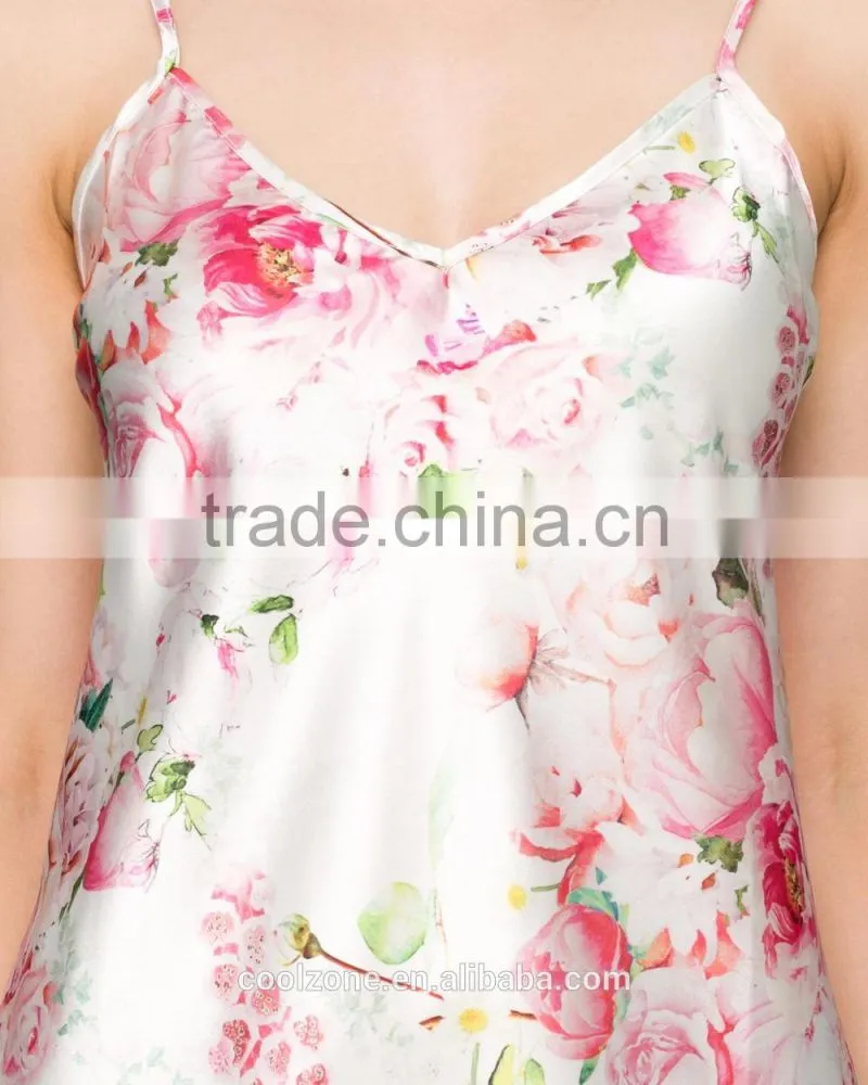 Sexy relaxed fit adjustable straps print women pajamas with lace trim