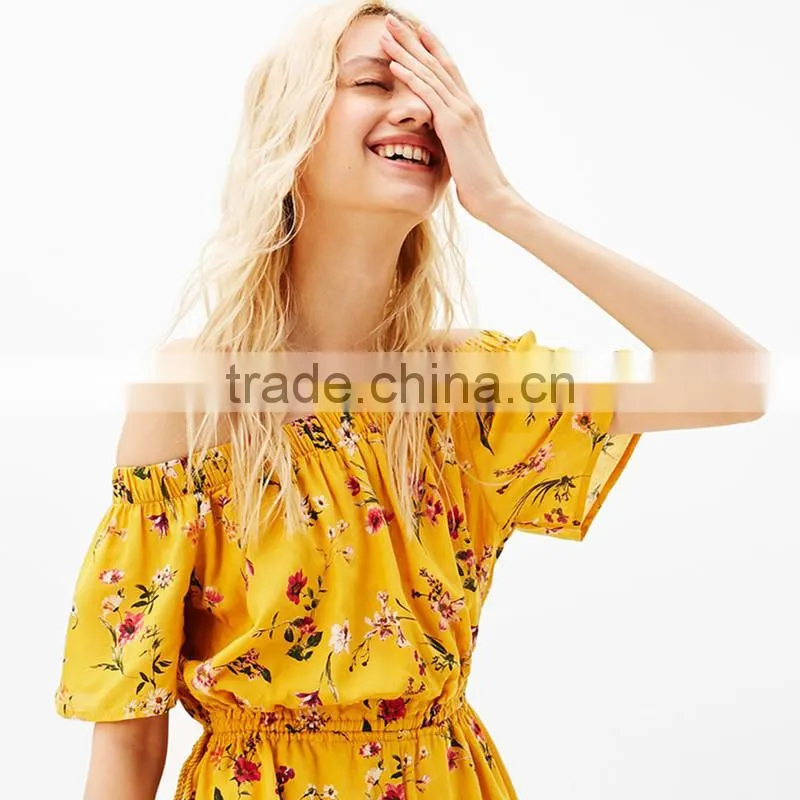 Best sell Thin Collect and high waist floral off-shoulder jumpsuit
