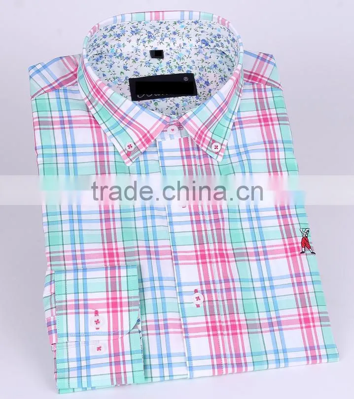 2017 new plaids men's long sleeve button-down slim fit shirt with contrast collar and cuff