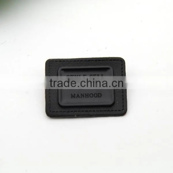 Black PU leather sew on patches labels with matt black metal plates manhood clothing label for jeans/jacket PLB-003