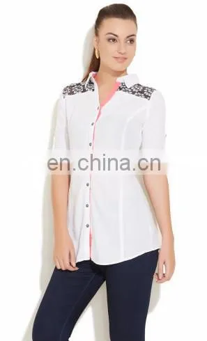Adult Women's Fashion Lace Work at Shoulder Collar neck Front Button Style High Quality Semi Sexy Sheer Sleeve Tops lady Blouse