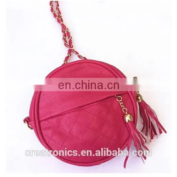 CR fast delivery styling elegant round shape tassels zipper with long chain women purse red crossbody shoulder bag