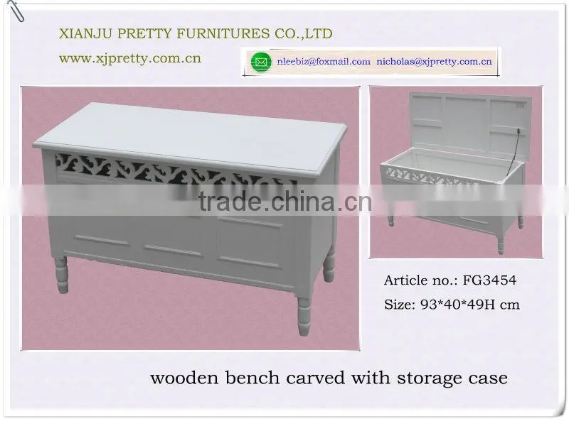 white painted wooden bench carved with storage case / wooden storage cabinet