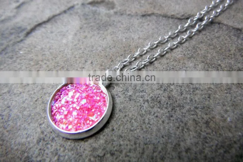 12MM Round Pink Drusy Stone Necklace Hot Pink Druzy Necklace