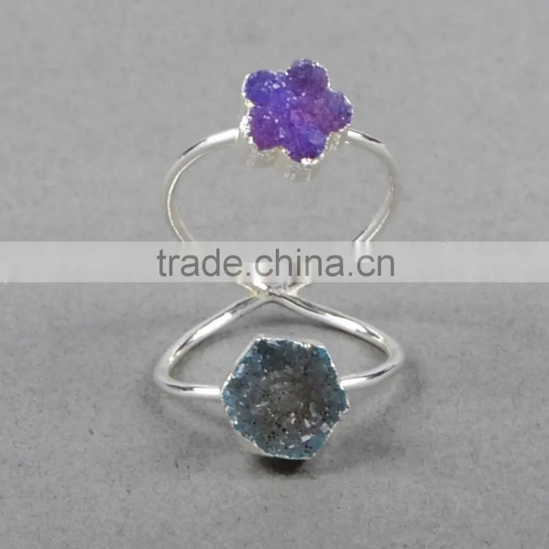 Druzy wrapped authintic stone full finger ring in sterling silver gems ring
