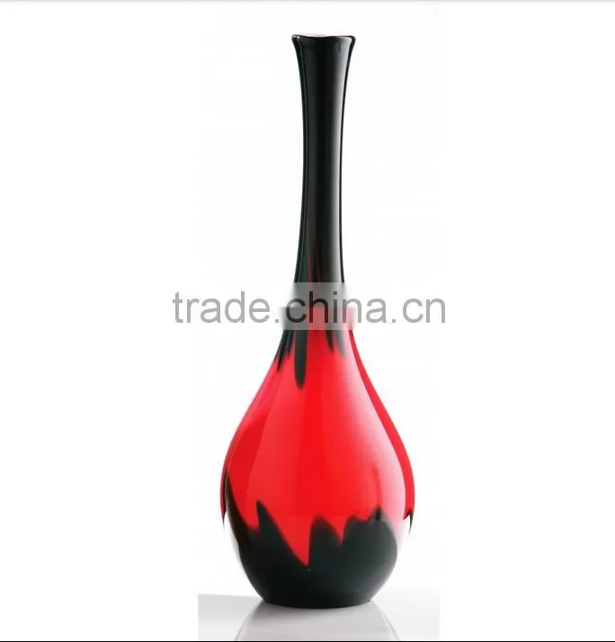 Black red solid color customized size leadfree crystal big belly long neck unique deisgn glass vase