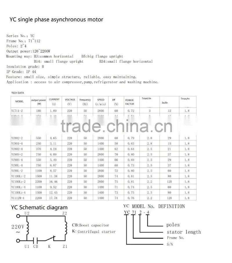 YC CO2 electric motor for air compressor, pump, refrigerator and washing machine