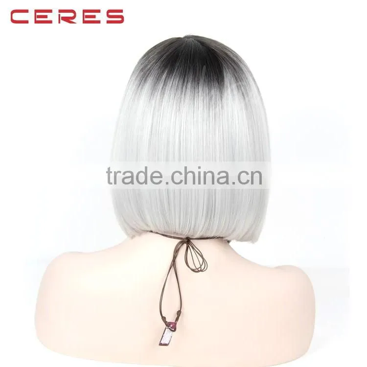 Short Style Grey Hair Wig Straight Black Root Gray Ombre Synthetic Bob Lace Front Wigs for Women