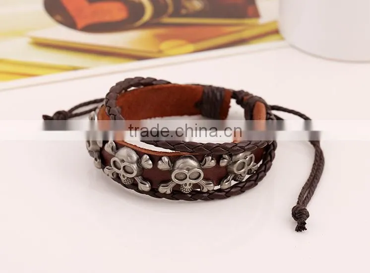 skull shape cheap mens leather bracelet, teen leather bracelet