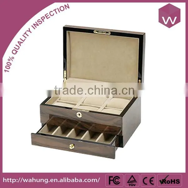 Black High Glossy Lacquer Watch Wooden Box With Two Storage Space
