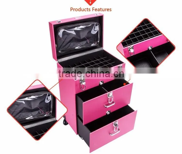 Professional Beauty Cosmetic Case Pink Makeup Case/ Box PVC Leather Box