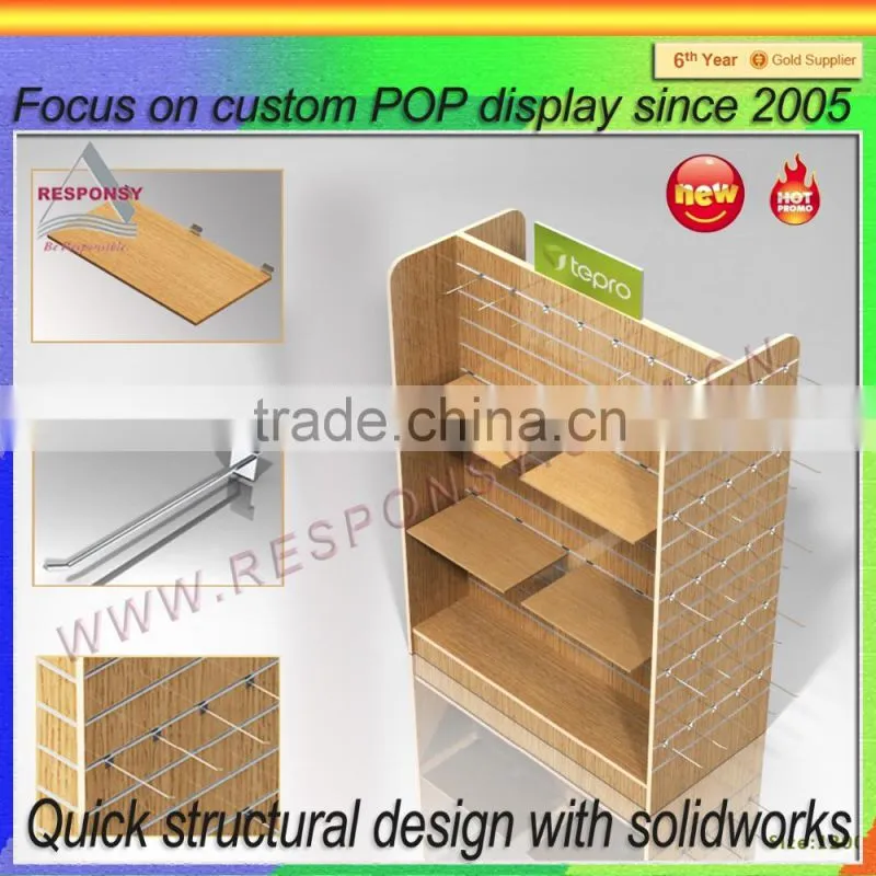 Custom double side floor slatwall retail store display/wood cloth display rack/wood display stand