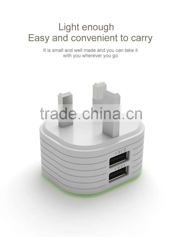 UK Wall Plug Charger With Dual Output, Quick Charger 2.4A With CE