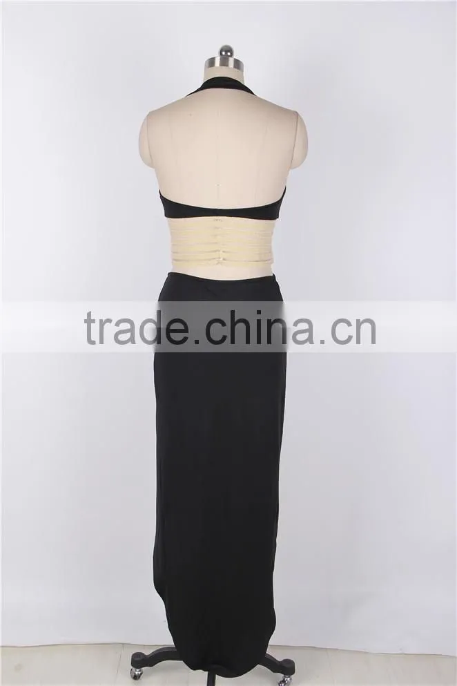 Hot Wholesale Gold Striped Cut Out Halter Neck Maxi Dress Long Tight Sexy Dress