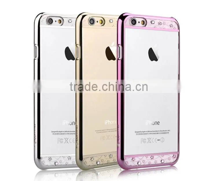 Eco-friendly Plating+Laser Cutting PC Phone Case for iPhone 6, Crystal Bling Element Back Cover for iPhone 6s