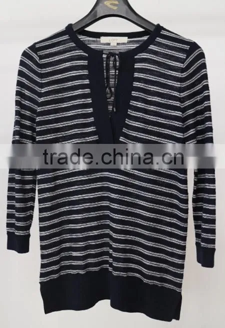 Women fashion long sleeve knit wear ful cotton black and white stripe pattern with neck string for autumn/pullover sweater