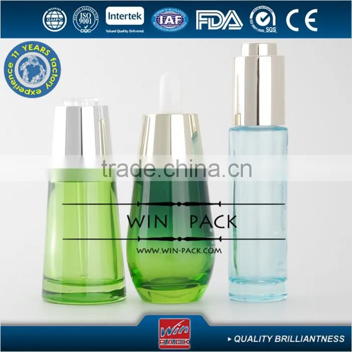 20ml green tapered special type glass dropper bottle, high quality dropper bottle with aluminum cap