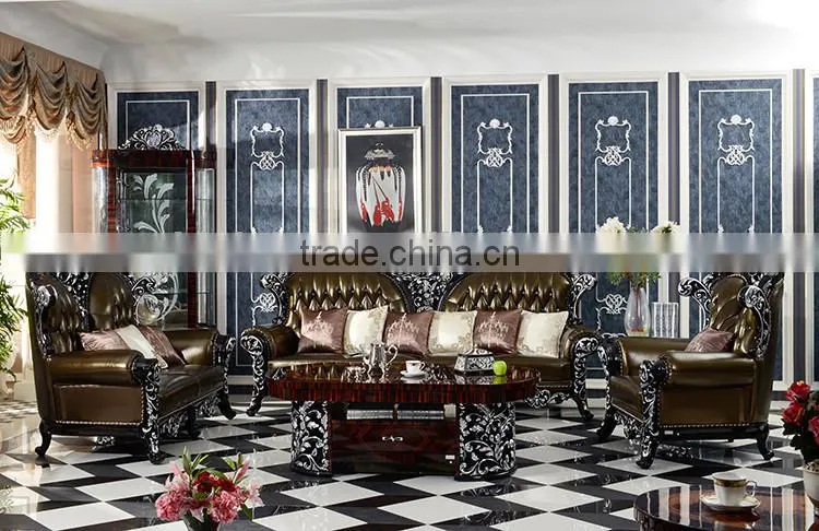 New Classic Silver Color 1+2+3 Living Room Leather Sofa Set, Brown Color Solid Wood Sofa For Luxurious Villa(MOQ=1 SET)