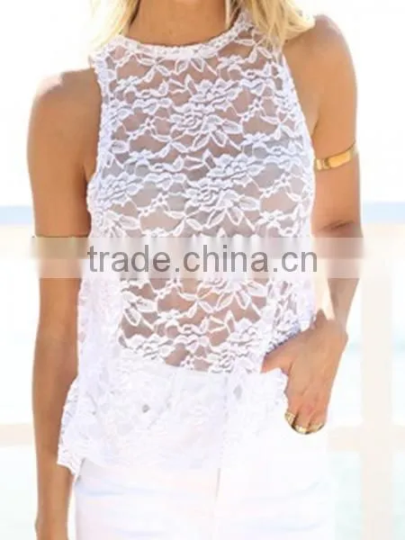 2015 wholesale low price sleeveless Sheer Lace Cutout open Split Back see through Top vest blouse