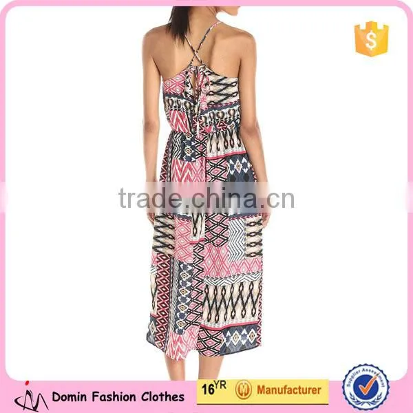Women's Fit and Flare Gathered at neckline and waist Aztec Tank Dress with Tie Detail at Back