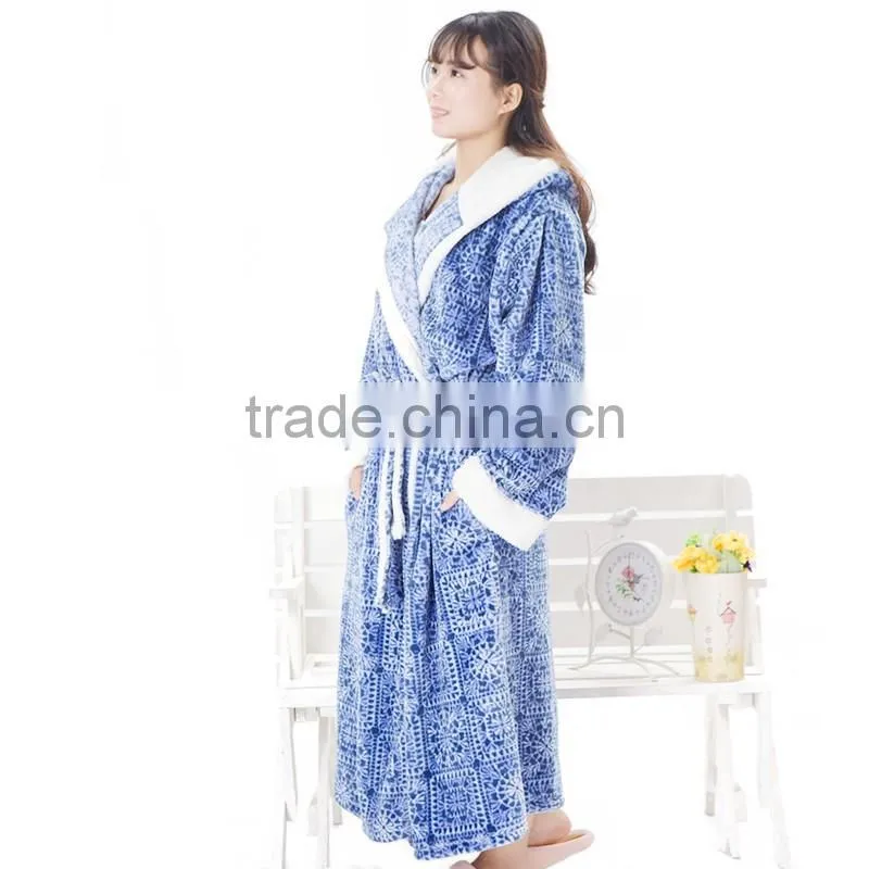 Soft coral fleece flannel bathrobe with hood