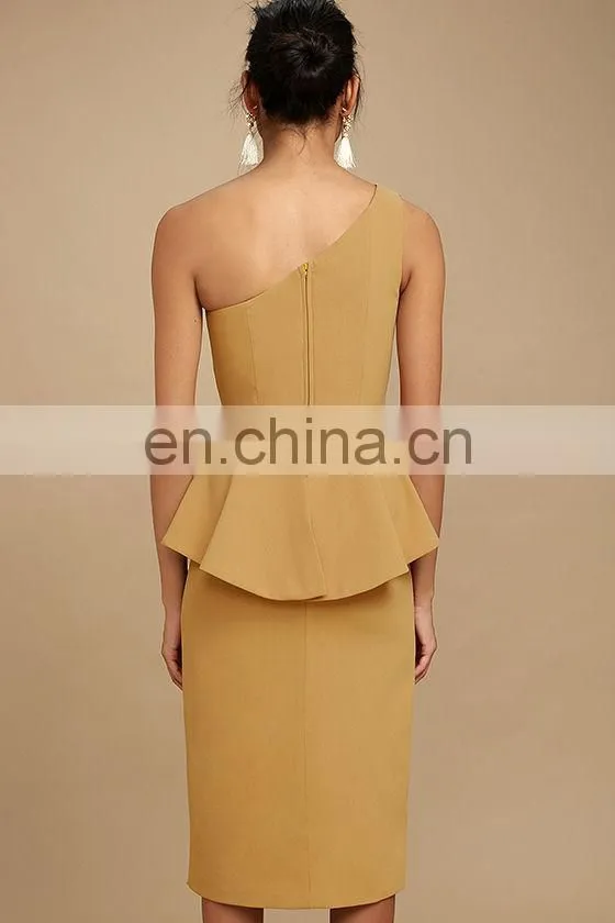 Fashion tan one shoulder layered ruffled midi dress elegant woman dress