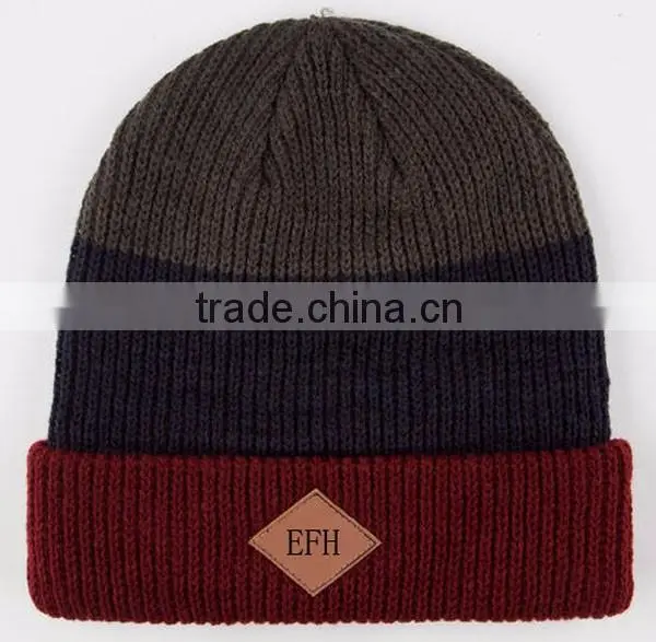 Knitted Beanie Hat/Leather Patch Beanie Hat