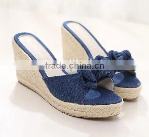 Latest design jeans slippers hemp rope wedge heel bedroom slippers