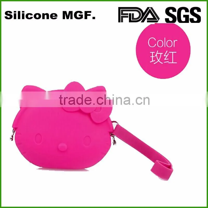 Nice quality cute cartoon cat design silicone coin purse case with ropes