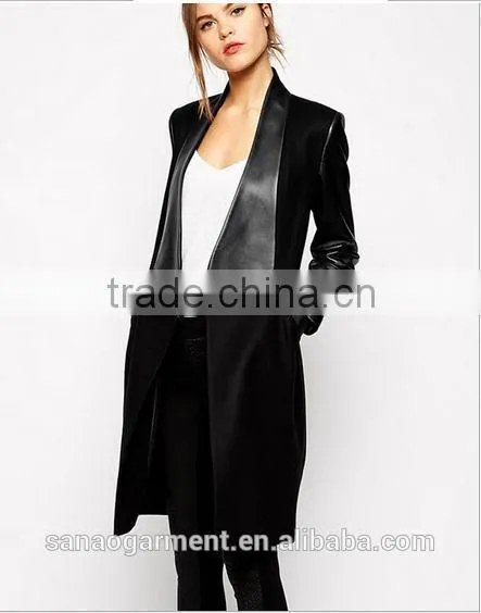 2015 European style women's Pu stitching woolen coat