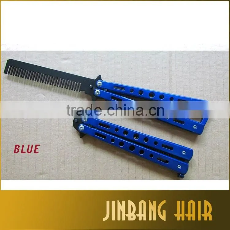 new design wholesales blue stainless steel knife comb mental practice training butterfly balisong style comb