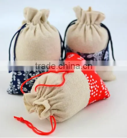 Fashion spliced jute drawstring bag china factory