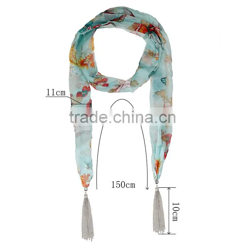 2015 New design functional butterfly print scarf, summer flower tassel scarf