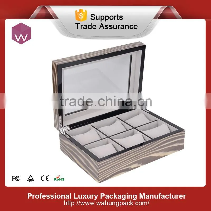 Custom Black Shiny Lacquer Wooden watch display box with clear lid
