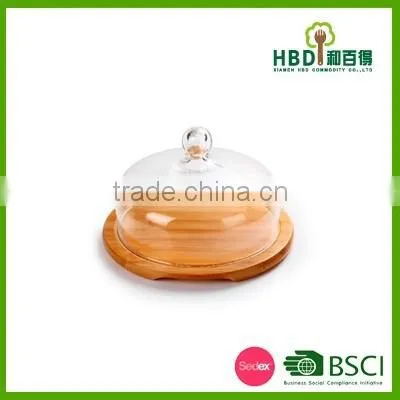 Hot selling glass cheese dome with bamboo base/glass dome with bamboo base