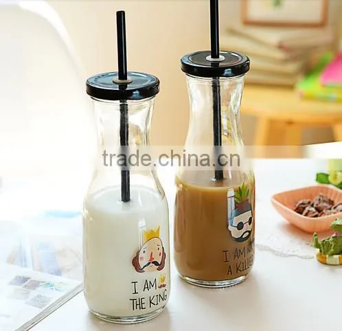 500ml bulk glass milk bottle manufacturer with metal cap and plastic straw