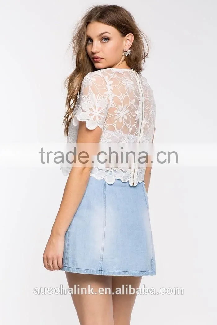 2016 promotional high quality lady white crochet t shirt