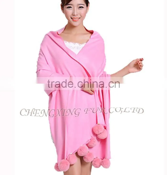 CX-B-P-42E Fur Ball Decora Fashion Women Cashmere Shawl